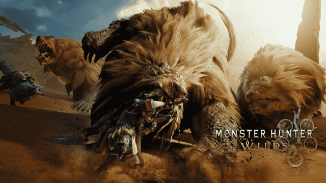 Tire du jeu Monster Hunter Wilds avec un chasseur et sa monture face à trois bêtes avec des crocs et une grosse crinière