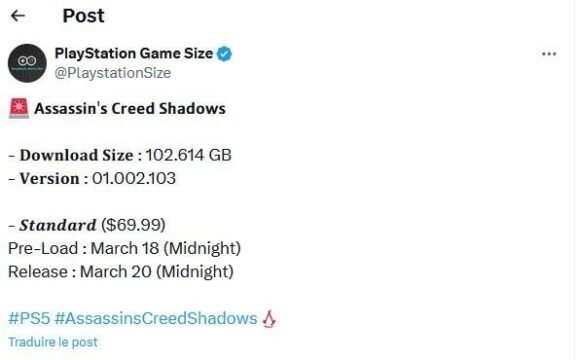 Assassin's Creed Shadows taille ps5